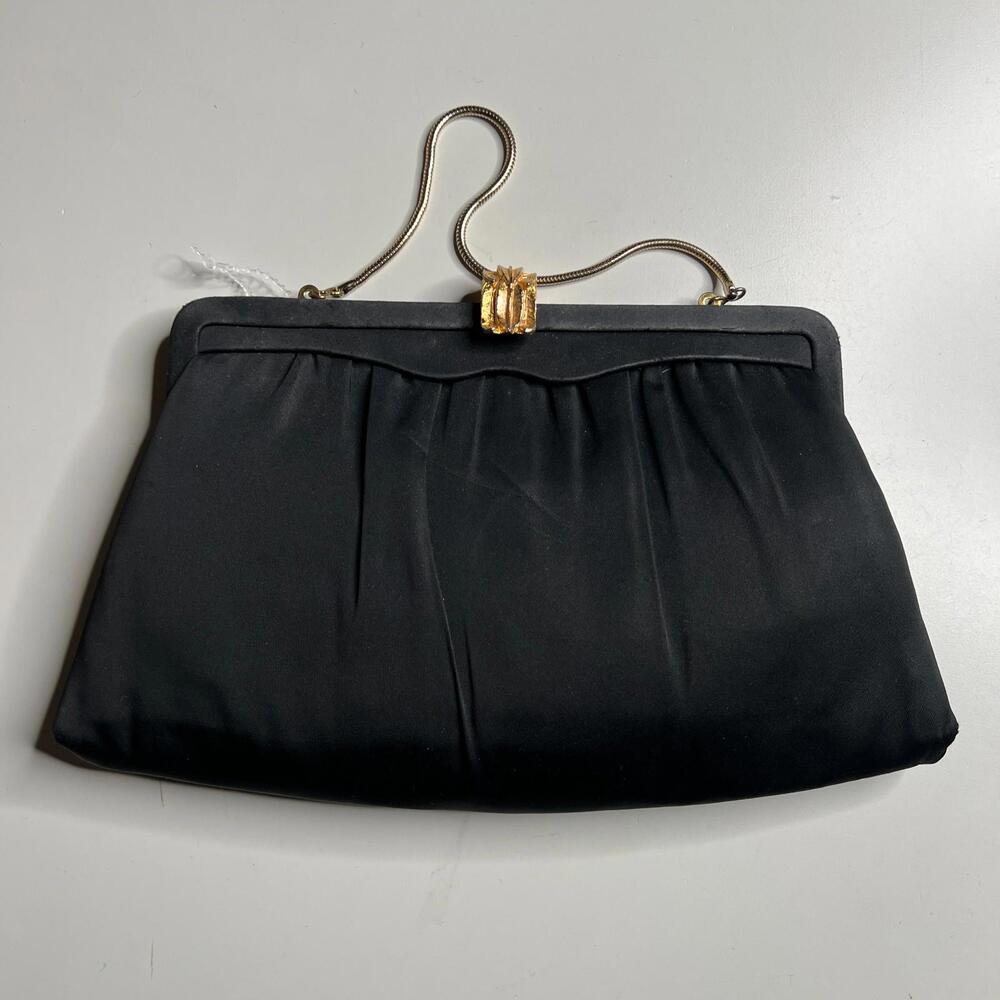 50s 60s Vintage After Five Black Satin Evening Clutch Bag Gold Chain Made in USA